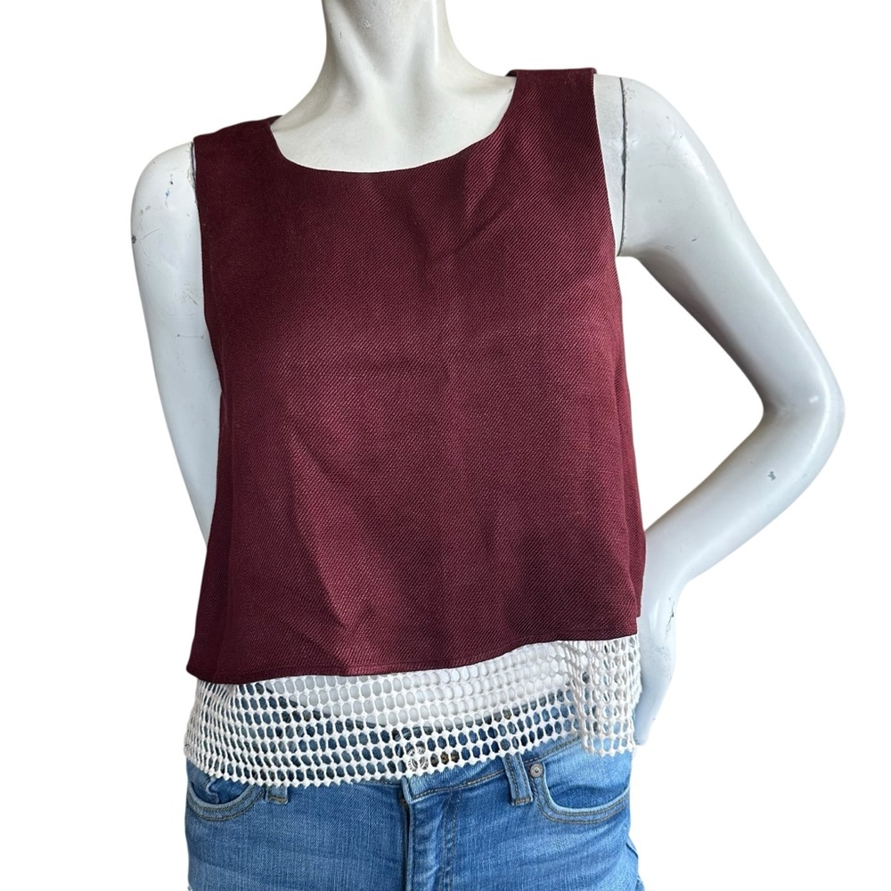 Club Monaco Burgundy Linen Blend High Neck Mesh Under Lay Sleeveless Top Small